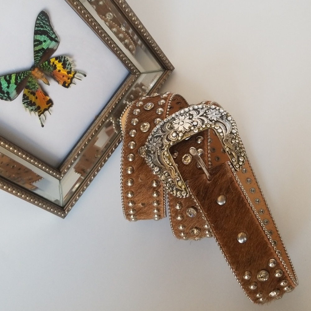 Western Rhinestone Cowshide Leather Belt